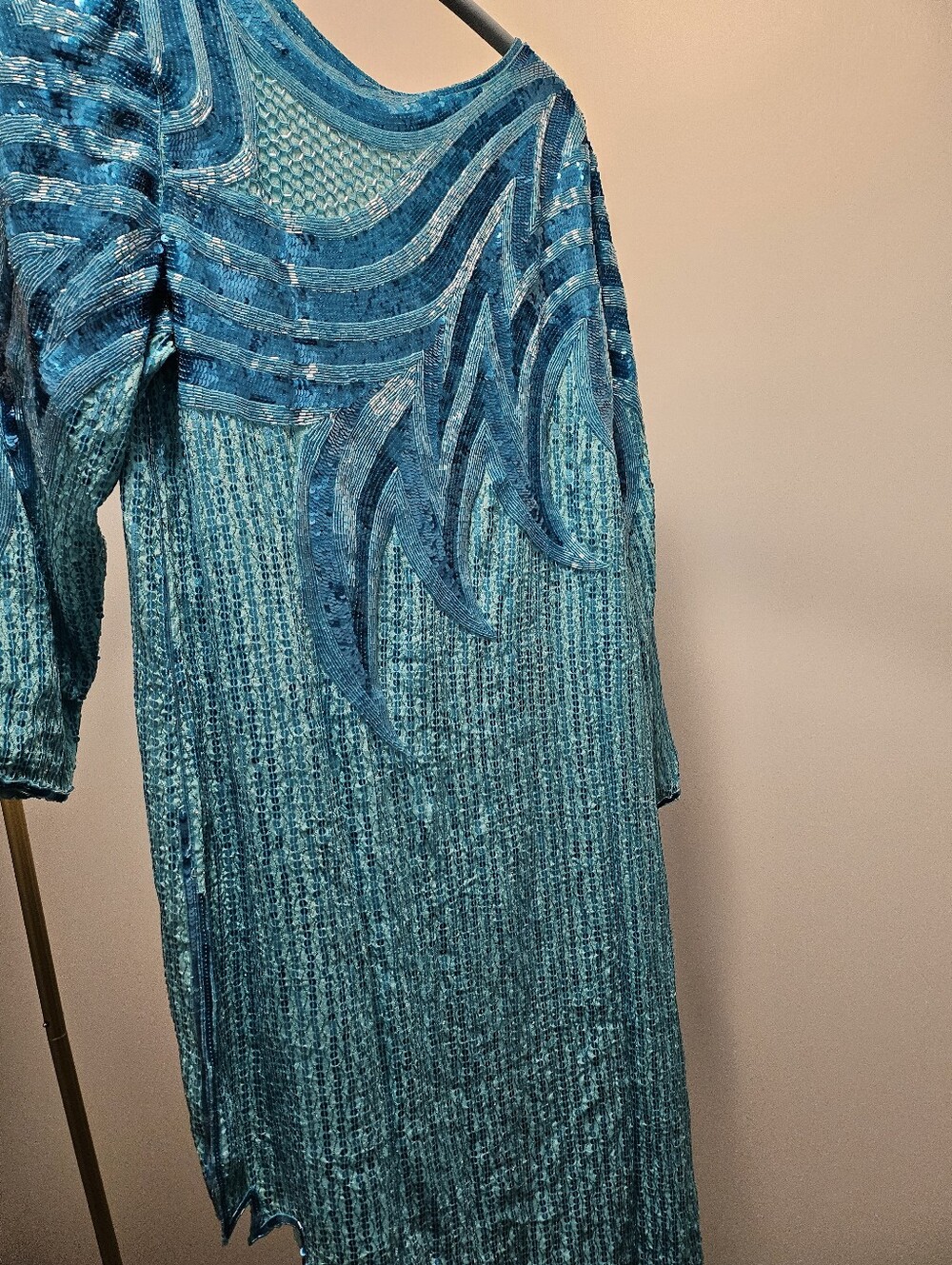 100% Silk Turquoise Sequin Sharkbite Hem Tunic Dress Made in India